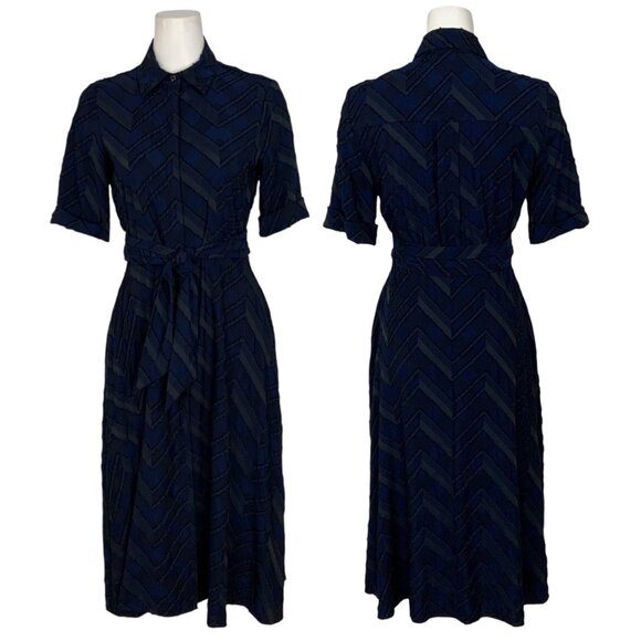 Donna Karan NY Chevron Flare Shirtdress 2 Classic Navy Midi Button Front Pockets - Picture 1 of 12